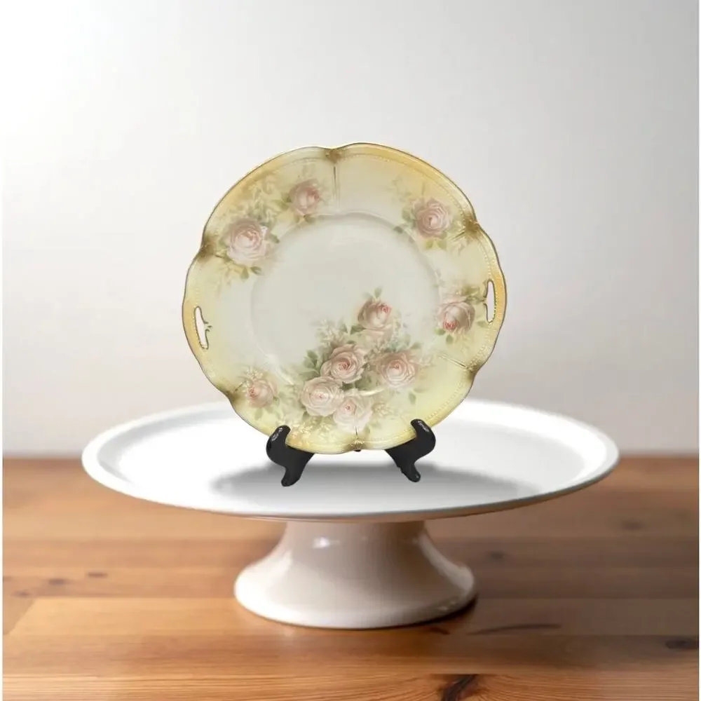 Antique German Porcelain Handled Dessert Cake Plate with Roses